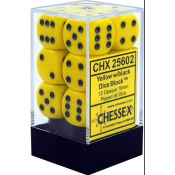 Chessex Opaque 16mm d6 with pips Dice Blocks (12 Dice) - Yellow w/black